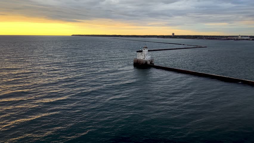 aerial flyover milwaukee breakwater light lighthouse in milwaukee wisconsin