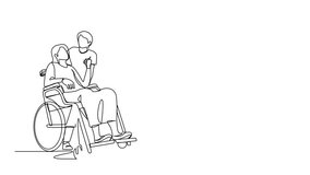 Self drawing animation of continuous line drawing husband embracing disabled wife sitting on wheelchair. Couple looking each other with love. Man holding hands of disable woman. Full length animated - Powered by Shutterstock - Get 15% off with code: PIKWIZARD15