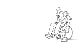 Animation of single one line drawing wife embracing disabled husband sitting on wheelchair. Couple looking at each other with love. Disable. Continuous line self drawing animated. Full length motion - Powered by Shutterstock - Get 15% off with code: PIKWIZARD15