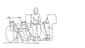 Self drawing animation of continuous one line drawing woman comforting injured disabled husband tell diagnosis help with disability problem talk, holding hands with wheelchair. Full length animated - Powered by Shutterstock - Get 15% off with code: PIKWIZARD15