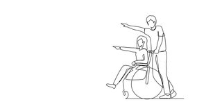 Animated self drawing of single continuous line drawing happy wife have fun outdoor, pointing at park with husband. Caregiver man pushing woman on wheelchair. Full length single line animation - Powered by Shutterstock - Get 15% off with code: PIKWIZARD15