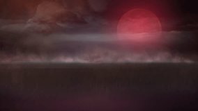 Red Moon Rising Over Misty Alien Ocean Horizon. A surreal extraterrestrial landscape bathed in red light, featuring a glowing red moon rising above a misty, dreamlike horizon. - Powered by Shutterstock - Get 15% off with code: PIKWIZARD15