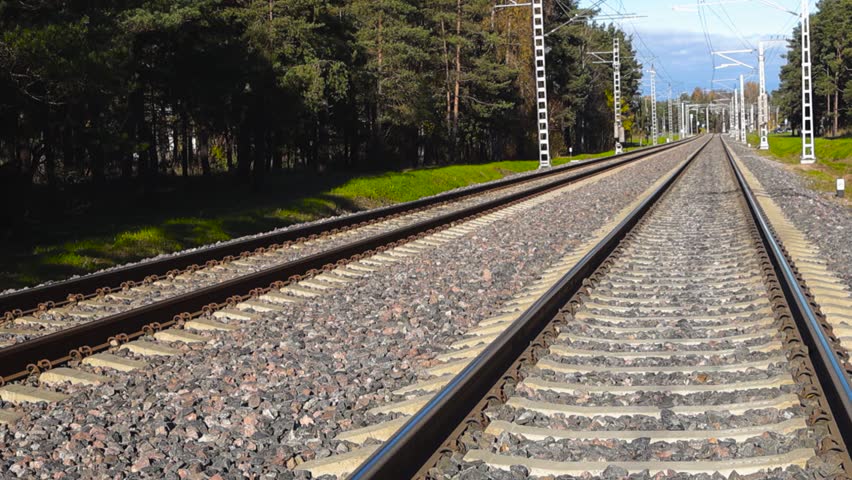 Metallic rusty and brown colored railroad or train tracks in a sunny countryside area with electrical wires hanging on top of them. Green pine trees and blue sky visible. Electrical transportation.