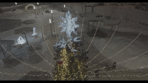 Drone Circling above Illuminated Christmas Tree Night