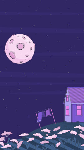 Tranquil night countryside with house and moon lofi vertical animation. Dreamy rural cottage on rolling hill under moonlit sky. Lo fi 2D cartoon animated 4k video. Chill aesthetic, live wallpaper