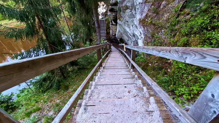 Wooden Stairs Descending Cliffside Trail In Sietiņiezis Forest Near Gauja River, Latvia