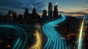 Artificial Intelligence Data Flow and IoT Connectivity Animation Over Modern City Skyline at Dusk – Concept of Smart Infrastructure, Cloud Computing, and Data Center Networks. - Powered by Shutterstock - Get 15% off with code: PIKWIZARD15