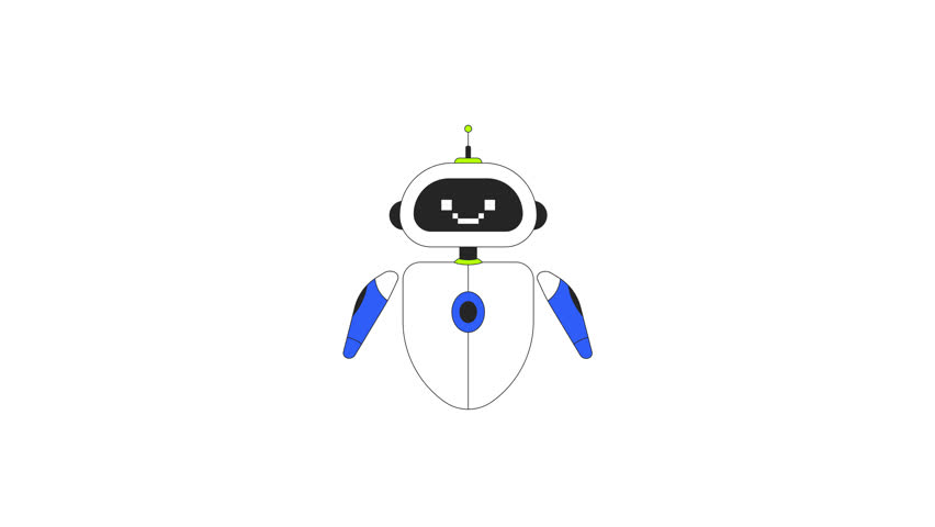Friendly AI robot with pixelated smile floating 2D character animation. Artificial intelligence robotics cute. Customer bot, chatbot animated personage cartoon 4K video isolated on white transparent