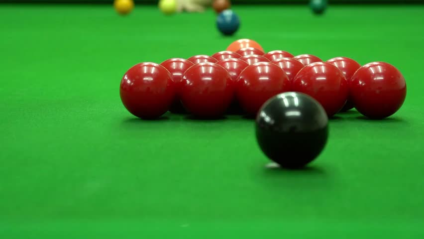 Snooker balls scattered on a green table ready for a game of skill and precision