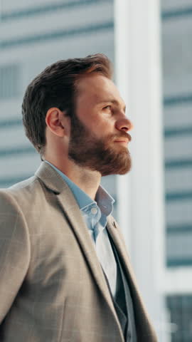 Happy, businessman and thinking with ambition in city for corporate settlement or urban property. Man, employee or realtor with smile for building investment, idea or real estate development in town