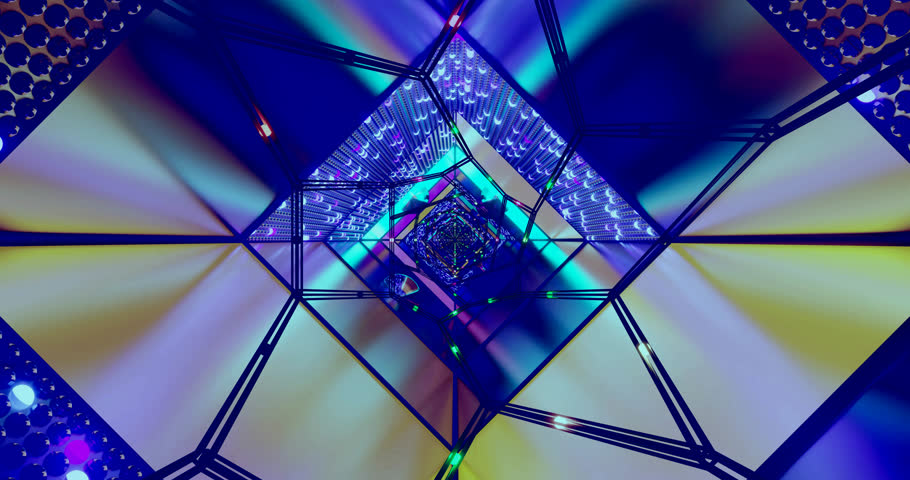 An animated illustration of a blue and purple kaleidoscopic tunnel with glowing, geometric depth