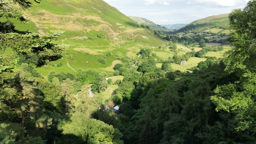 Aerial Drone Shot of Mountains and Valley around Tan-y-Pistyll in North Wales, UK