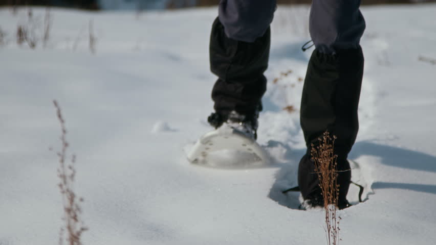 Closeup shot of unrecognizable person walking towards camera using winter hiking gear snowshoes and protective gaiters, copy space