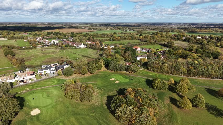 Toot Hill Village and golf course Essex UK Panning drone aerial autumn