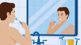 An animated scene showing a man practicing oral hygiene by brushing his teeth in front of a bathroom mirror, emphasizing daily health routines. - Powered by Shutterstock - Get 15% off with code: PIKWIZARD15