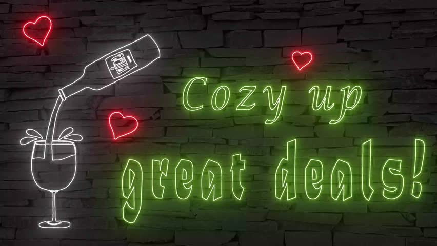Cozy up great deals + silhouette of wine bottle and glass illuminated 3d illustration retro neon signs on dark brick wall background, cute 10s 4k video in green red white, for wine sellers, bars