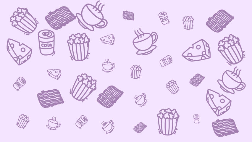 This animated food pattern background showcases playful hand-drawn doodles of pizza, fries, burgers, donuts, and snacks on a soft purple backdrop