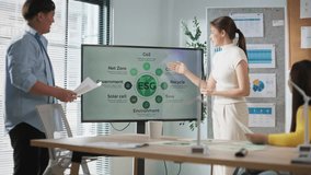 Asian man and woman presenting ESG (Environmental, Social, and Governance) business strategy to colleagues in office. Teamwork, green business, corporate responsibility, sustainability. - Powered by Shutterstock - Get 15% off with code: PIKWIZARD15