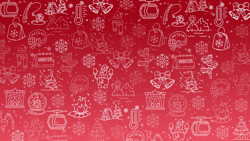 Doodle winter holiday icons line art seamless pattern on a pink background. Loop motion graphic.