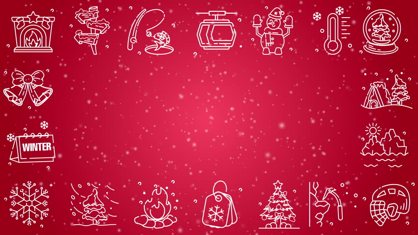 Doodle winter holiday icons line art seamless pattern on a pink background. Loop motion graphic.