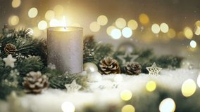 Christmas decoration in warm light with candle, defocused lights, fir branches, ornaments and falling snow - Powered by Shutterstock - Get 15% off with code: PIKWIZARD15