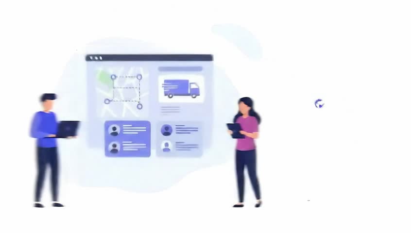 2D loop: Logistics team tracks global shipping on a digital map. A globe, plane, and security shield icon animate, symbolizing secure international delivery.