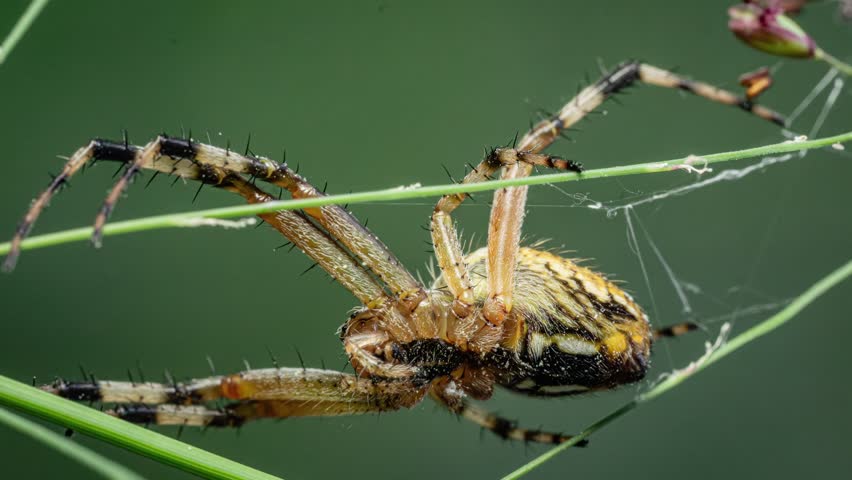 Orb-weaver Spider Creating Spiral-shaped Webs. Close-up, Macro Shot