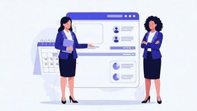Seamless 2D loop. Two diverse businesswomen collaborate, presenting a data analytics dashboard with charts, user profiles, and a calendar. Corporate teamwork. - Powered by Shutterstock - Get 15% off with code: PIKWIZARD15