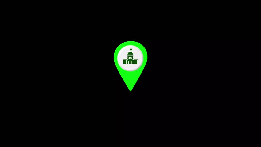 Animated Location Pin Drop and Spin for Travel Destination or Business Locator. Map Pointer Animation Loop. Transparent Background Tracking Icon for App Interface