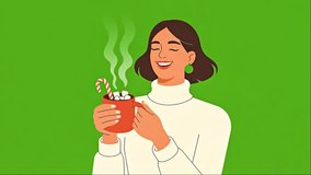 Woman enjoying a hot chocolate with marshmallows and a candy cane on a green background - Powered by Shutterstock - Get 15% off with code: PIKWIZARD15