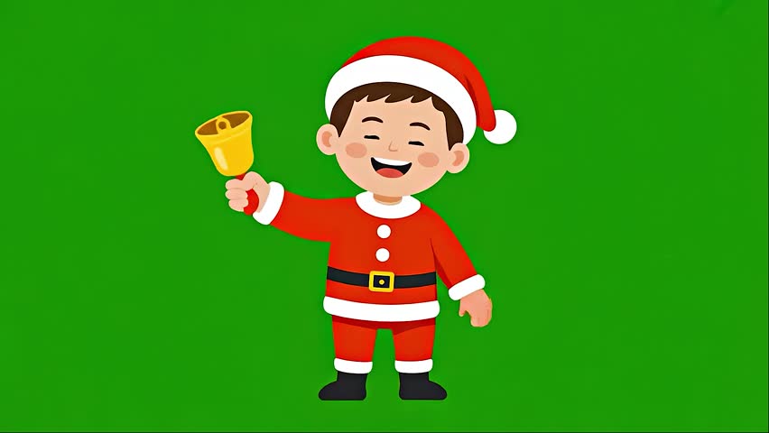 Cartoon illustration of a happy boy in Santa suit ringing a bell against a green background
