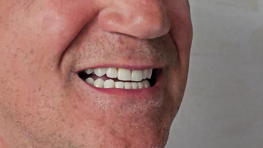 Smiling man showcases bright white teeth in close-up shot at a dental clinic