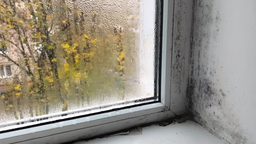 mold on window due to high humidity. Drops of water run down wet glass. poor heating contributes to formation of mold and mildew on window slopes. Unwanted fungal growth reveals persistent dampness.