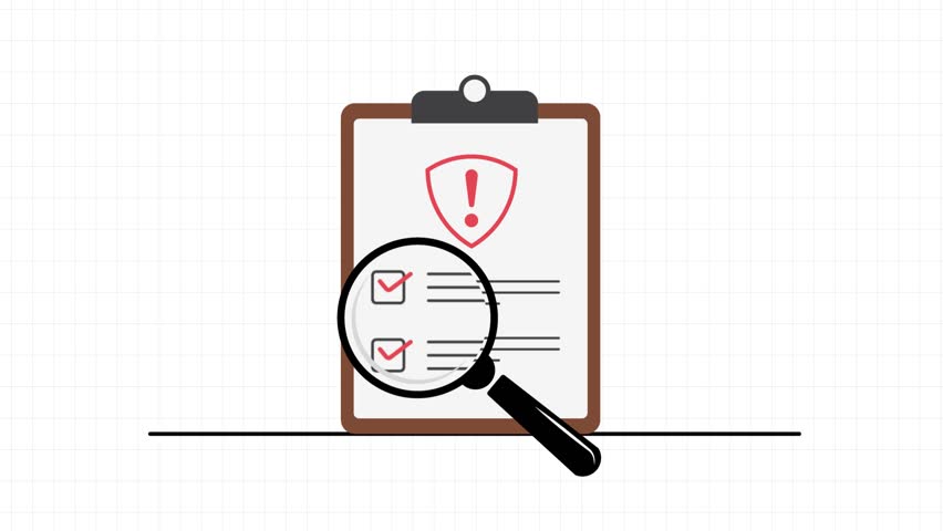 Clipboard with security shield icon and magnifying glass animation. Document analysis and verification process. Security check and protection concept.