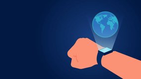 A flat design style animation featuring hands with a smartwatch projecting an image of the earth, symbolizing the advancement of wearable technology and global connectivity in the digital age. - Powered by Shutterstock - Get 15% off with code: PIKWIZARD15