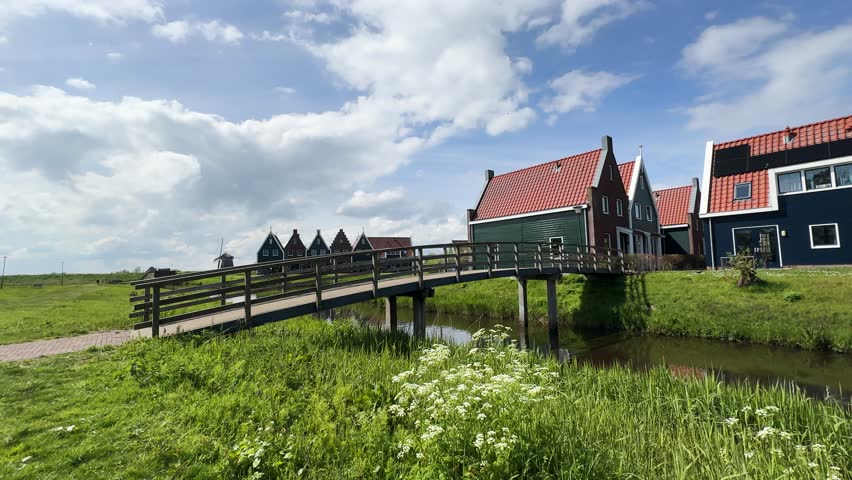 rural dutch country street of small old town Volendam, Netherlands