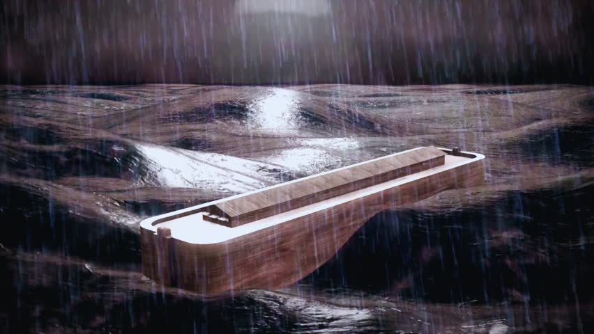 A dramatic depiction of Noah's Ark enduring a stormy sea, with towering waves, dark skies, and lightning, symbolizing faith and survival.
