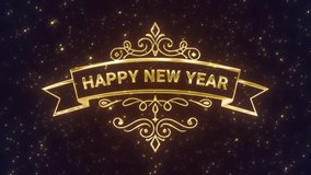 Luxury shining Happy New Year ribbon framed by classic golden designs and sparkling stars creates sophisticated celebratory mood for winter holiday visuals - Powered by Shutterstock - Get 15% off with code: PIKWIZARD15