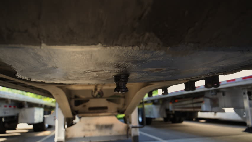 Underside view of a semi-trailer kingpin, upper coupler. The shot focuses on the steel connection point where the trailer attaches to a semi-truck's fifth wheel.