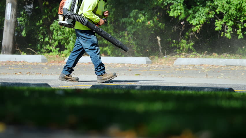 Worker using a leaf blower to clear fallen leaves and debris along edge of street or parking lot. Dust and dry leaves swirl into the air as the blower operates.