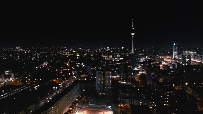 Berlin Cityscape Night Alexanderplatz TV tower Cinematic Droneshot Germany Europe