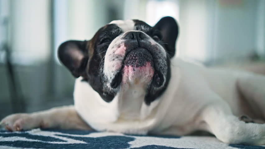 A tired dog lying on a floor and yawning.
