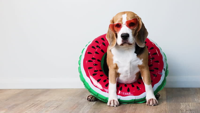 Beagle dog wearing heart shape sunglasses and an inflatable ring, sitting on floor indoors.
