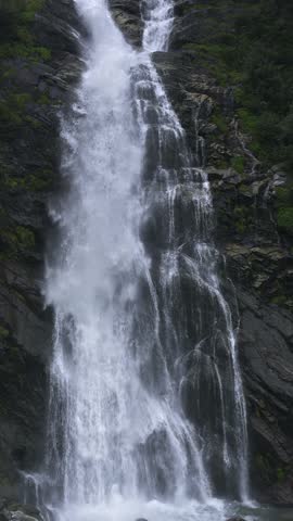 Peaceful Mountain Waterfall in Slow Motion, Vertical Nature