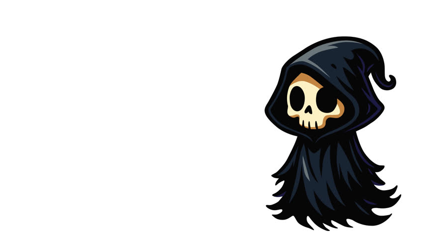 Cute grim reaper skull ghost wearing dark hooded cloak for Halloween