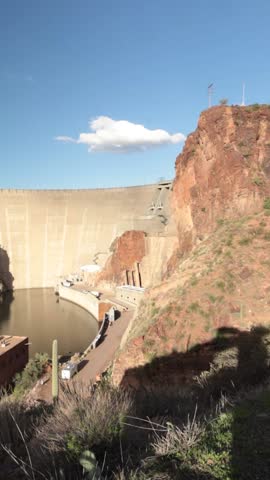 Scenic Pan Across Roosevelt Dam in Arizona at Golden Hour Vertical Video