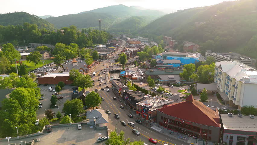 Gatlinburg, Tennessee with modern tourist infrastructure on vibrant main street with cafes, stores and attractions.