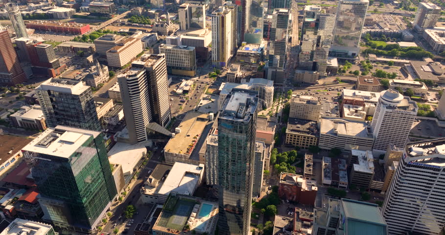 Nashville, Tennessee, USA. Aerial view of American downtown office district. High commercial and residential skyscraper buildings in modern US city.