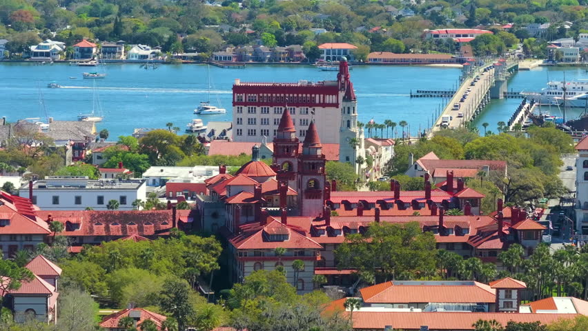 Old town America architecture. Aerial view of Flagler College campus in St. Augustine city in Florida.