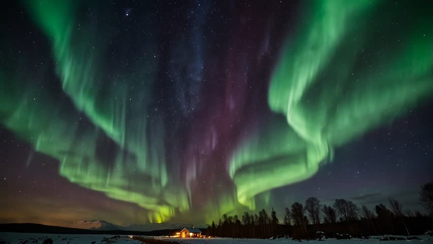 A spectacular view of the Aurora Borealis (Northern Lights), dancing across the dark, starry night sky. Curtains of bright green light dominate, with a touch of reddish purple in the center.